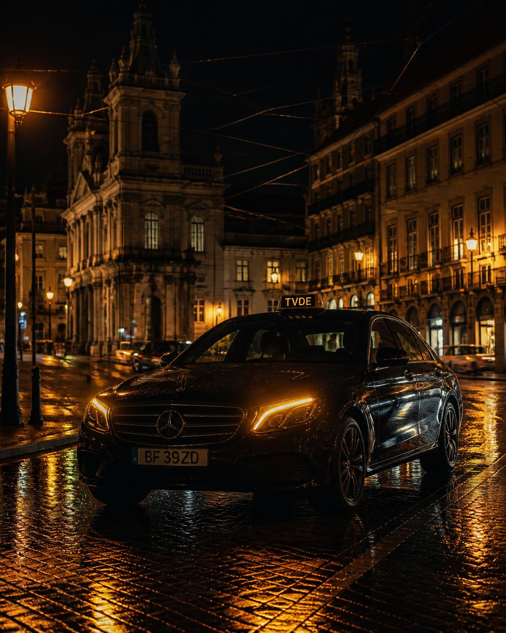 Veículo TVDE numa rua portuguesa à noite